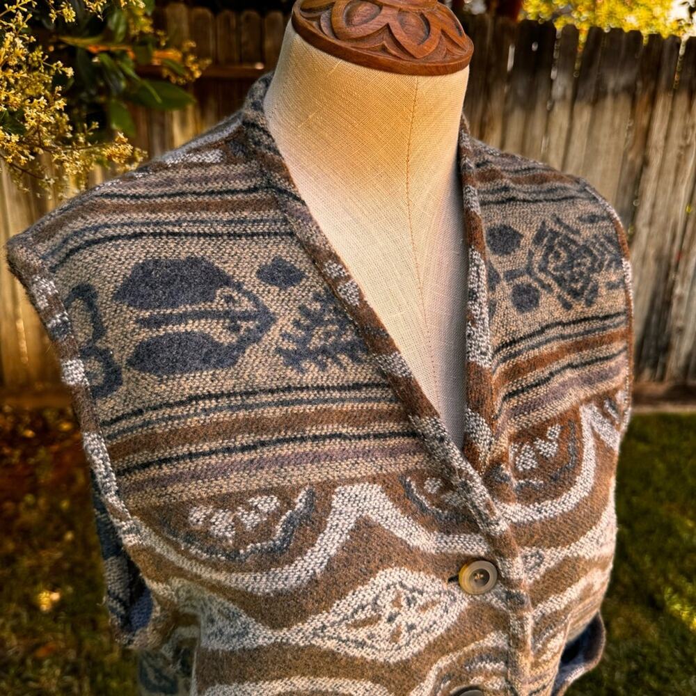 VTG 90s Memphis Button Up V-Neck Sweater Southwestern Earth Vest Women's Small - Picture 2 of 10